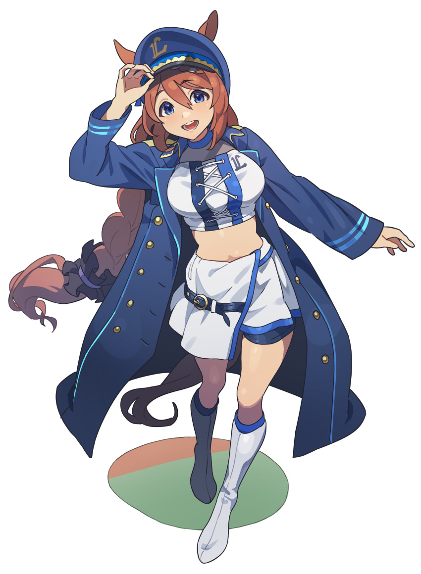 1girl absurdres alternate_costume animal_ears blue_coat blue_eyes blue_hat boots braid braided_ponytail breasts brown_hair coat commentary_request cropped_shirt ears_through_headwear full_body hair_between_eyes hat highres horse_ears horse_girl horse_tail knee_boots large_breasts long_hair long_sleeves midriff multicolored_hair navel nishiki_kazue open_clothes open_coat peaked_cap shirt simple_background skirt smile solo standing streaked_hair striped_clothes striped_shirt super_creek_(umamusume) tail umamusume vertical-striped_clothes vertical-striped_shirt very_long_hair white_background white_footwear white_hair white_skirt
