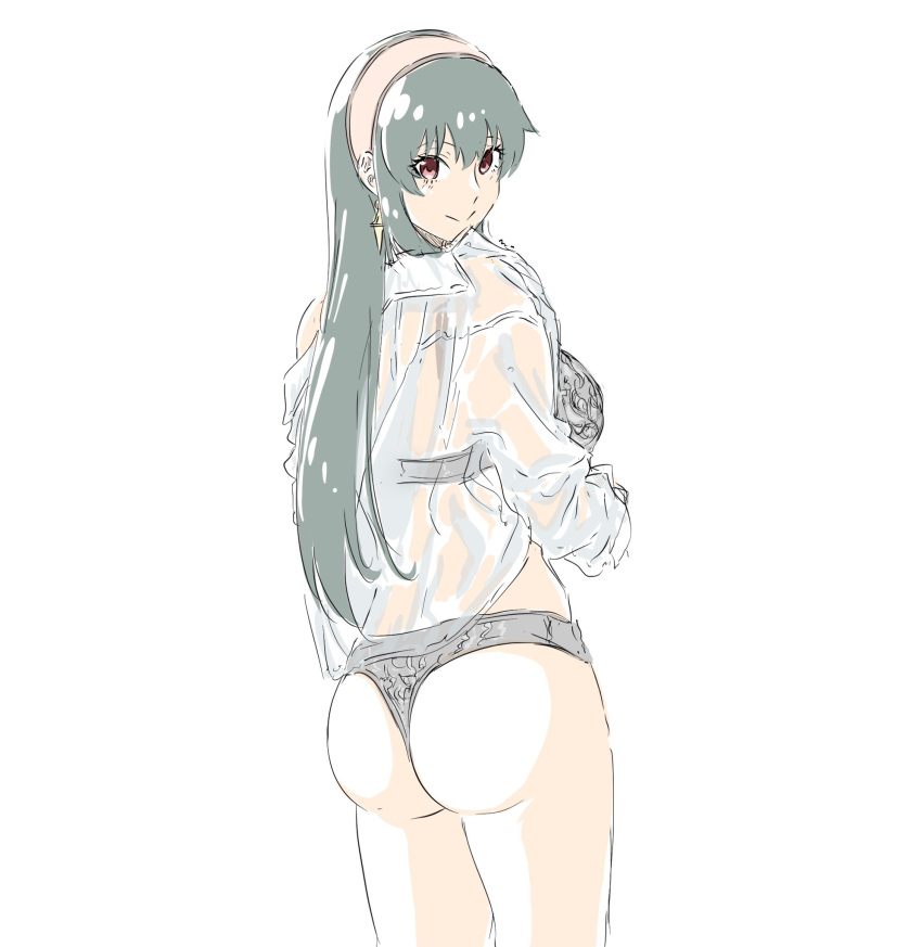 1girl ass black_hair earrings from_behind gold_earrings highres jewelry lingerie long_hair looking_at_viewer looking_back mitsugu red_eyes see-through see-through_shirt simple_background sketch solo spy_x_family underwear white_background yor_briar