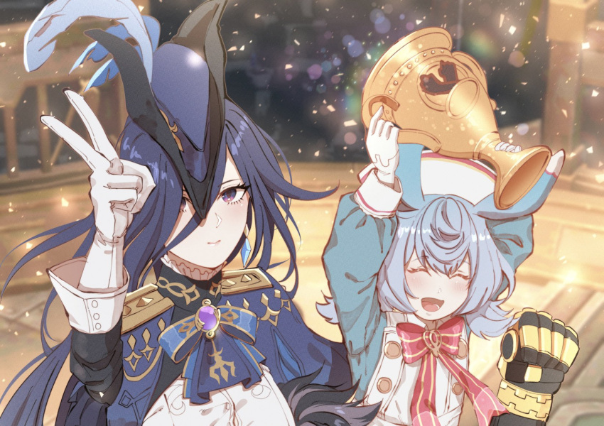 1boy 2girls :d ^_^ ascot blue_ascot blue_capelet blue_dress blue_hair blush bow bowtie capelet clenched_hand clorinde_(genshin_impact) closed_eyes commentary dress genshin_impact gloves hand_up hat highres holding holding_trophy long_hair looking_at_viewer multiple_girls nurse_cap open_mouth out_of_frame pink_bow pink_bowtie purple_eyes rchella shirt sigewinne_(genshin_impact) smile tricorne trophy v very_long_hair white_gloves white_hat white_shirt wriothesley_(genshin_impact)
