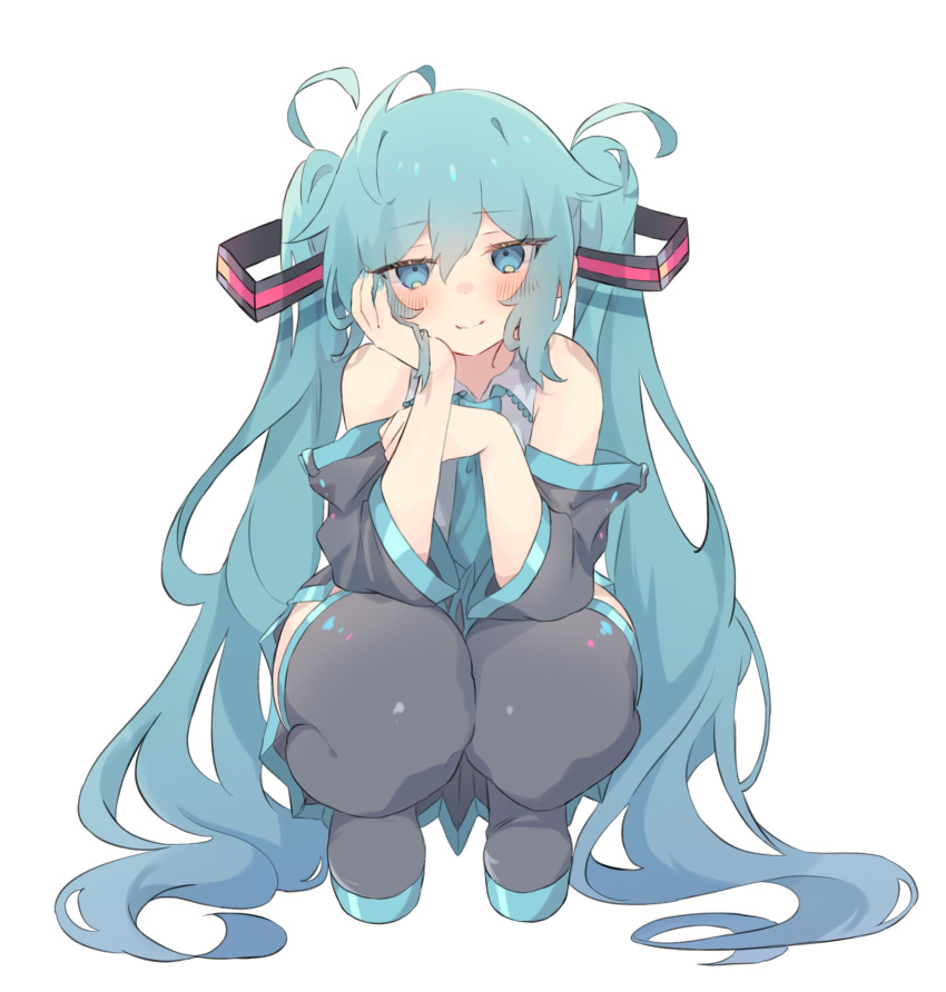 1girl ahoge aqua_eyes aqua_hair aqua_necktie bare_shoulders black_thighhighs blue_eyes blush boots commentary detached_sleeves elbow_rest grey_shirt hair_between_eyes half-closed_eyes hand_on_own_cheek hand_on_own_face hatsune_miku head_rest highres long_hair looking_at_viewer necktie nekonika_(e102k) shirt smile solo squatting thick_thighs thigh_boots thighhighs thighs twintails very_long_hair vocaloid