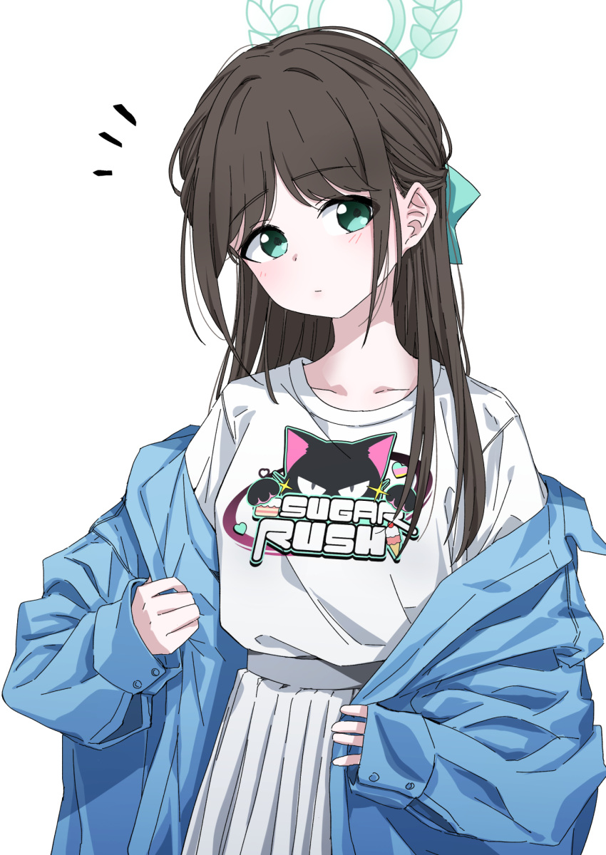 1girl airi_(band)_(blue_archive) blue_archive blue_jacket blush bow brown_hair closed_mouth collarbone cowboy_shot green_bow green_eyes hair_bow half_updo halo head_tilt high-waist_skirt highres jacket long_bangs long_hair long_sleeves looking_at_viewer notice_lines open_clothes open_jacket pleated_skirt print_shirt shirt sidelocks simple_background sin_seishun skirt solo straight_hair teeth white_background white_shirt white_skirt
