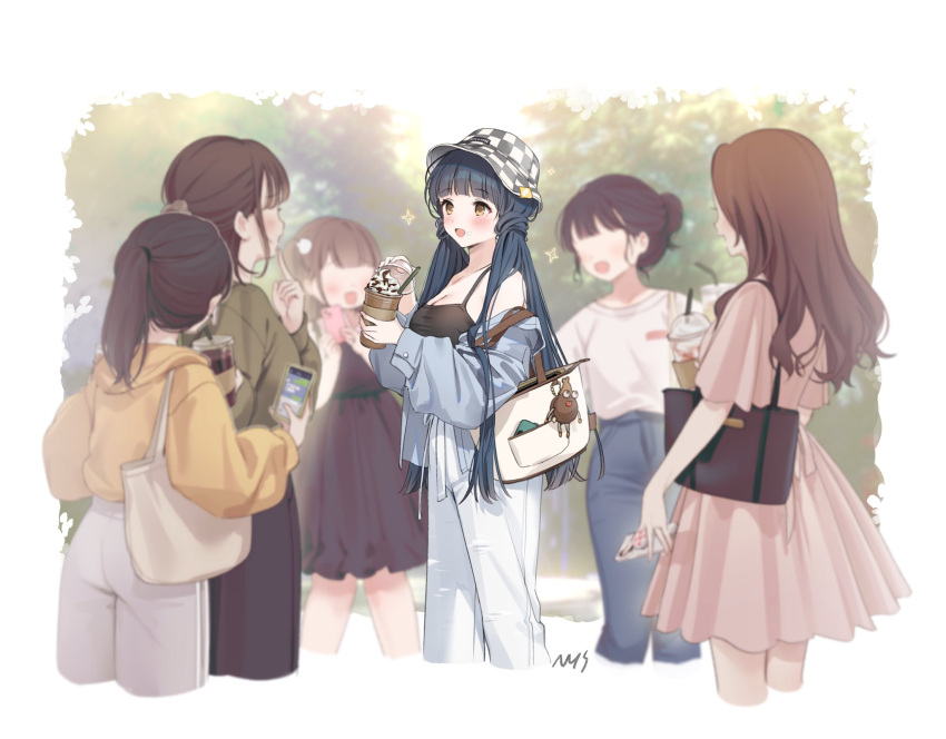 6+girls black_camisole black_hair blush camisole casual cellphone checkered_clothes checkered_headwear cup disposable_cup faceless faceless_female facing_another grey_jacket highres holding holding_cup holding_phone idolmaster idolmaster_million_live! jacket jacket_partially_removed kitakami_reika multiple_girls nys outdoors pants phone signature smile white_pants