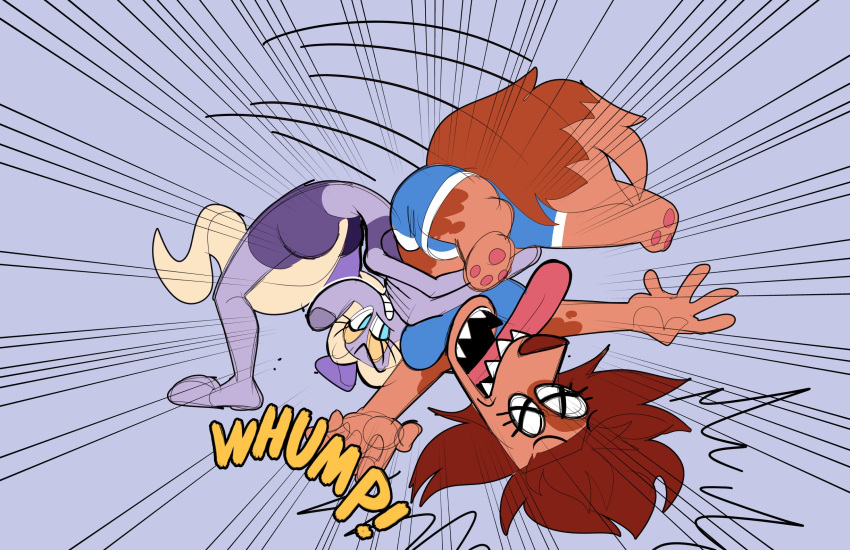 anthro canid canine canis domestic_dog duo female galactabee hi_res mammal nikki_(galactabee) onomatopoeia sharp_teeth sound_effects suplex sylvia_(galactabee) teeth text tongue tongue_out wrestling x_eyes