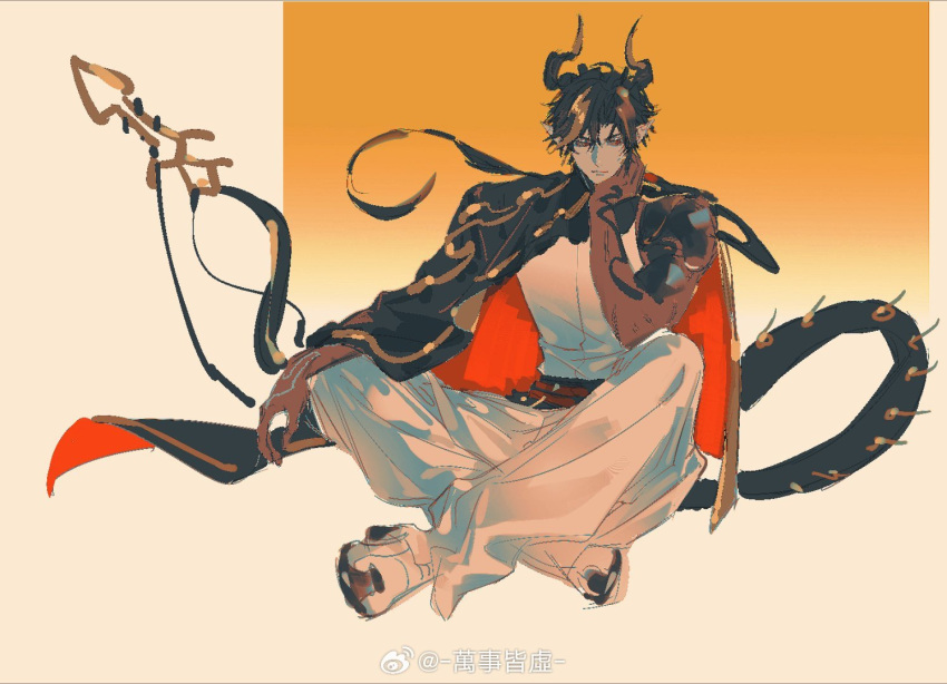 1boy arknights black_cape black_hair black_horns black_tail blonde_hair cape chinese_commentary chong_yue_(arknights) closed_mouth commentary_request crossed_legs dragon_horns dragon_tail full_body gold_trim gradient_background hand_on_own_neck horns light_frown looking_to_the_side male_focus mechanical_arms multicolored_hair pants pointy_ears red_cape red_eyes shirt shoes short_hair simple_background sitting sleeveless sleeveless_shirt solo spiked_tail streaked_hair tail two-sided_cape two-sided_fabric wanshi_jie_xu weibo_watermark white_footwear white_pants white_shirt yellow_background