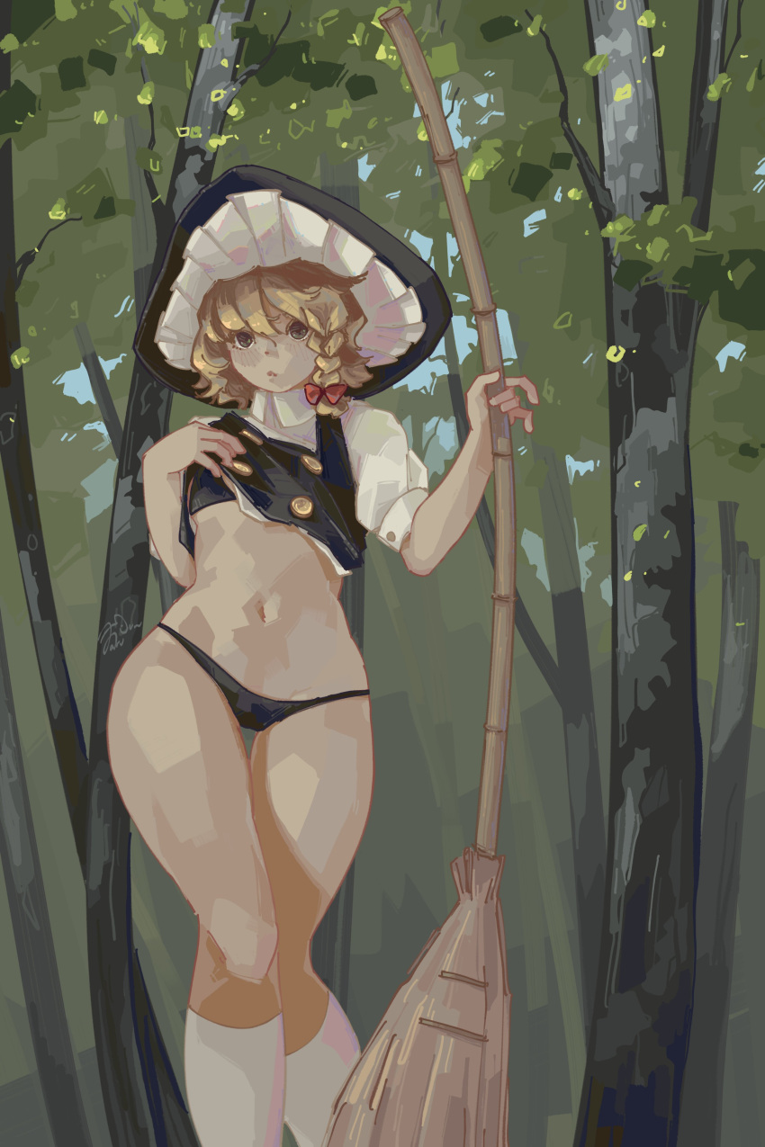 1girl absurdres black_bra black_panties blonde_hair blush bow bra braid breasts broom buttons clothes_lift collared_shirt day dress_shirt english_commentary forest hair_between_eyes hair_bow harucyon4 hat highres holding kirisame_marisa kneehighs looking_at_viewer nature navel no_pants outdoors panties parted_lips puffy_sleeves shirt short_hair short_sleeves side_braid single_braid socks solo standing stomach thigh_gap thighs touhou tree underwear white_shirt wing_collar witch_hat yellow_eyes