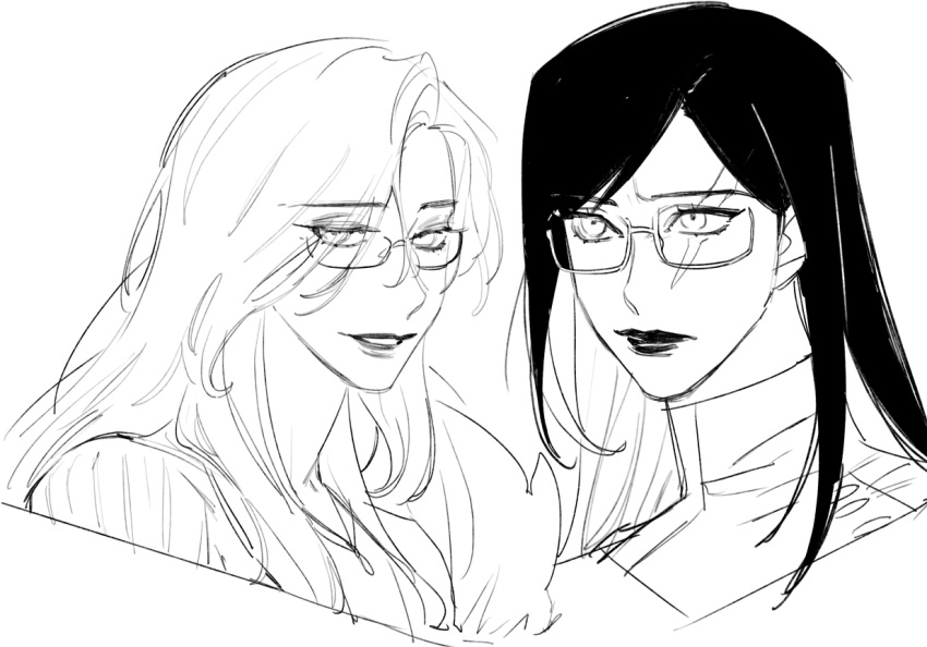2girls chameleon_(path_to_nowhere) closed_mouth commentary dog_9uk glasses greyscale iron_(path_to_nowhere) long_hair looking_at_viewer monochrome multiple_girls parted_lips path_to_nowhere scar scar_across_eye smile upper_body