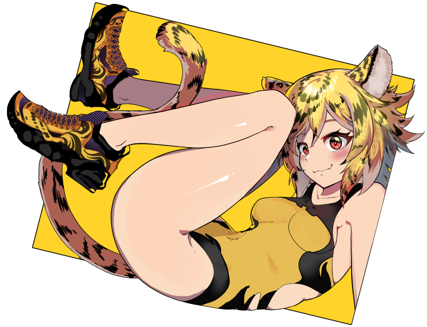 1girl animal_ears animal_print ass bare_shoulders blush breasts highres looking_at_viewer one-piece_swimsuit original red_eyes ryuu_tou shoes short_hair smile sneakers solo swimsuit tail tiger_ears tiger_girl tiger_print tiger_tail