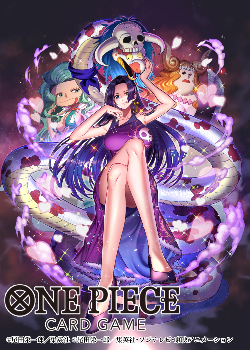 3girls bashikou black_hair blue_eyes boa_hancock boa_marigold boa_sandersonia crossed_legs dress grey_hair highres multiple_girls one_piece orange_hair purple_dress salome_(one_piece) siblings sitting skull skull_print snake tongue tongue_out