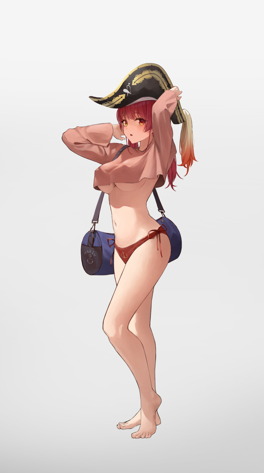 1girl absurdres bag bikini bikini_bottom_only breasts duffel_bag hat highres hololive houshou_marine isolatediev looking_at_viewer no_eyepatch open_mouth pirate pirate_hat red_eyes red_hair solo swimsuit tagme virtual_youtuber yellow_eyes