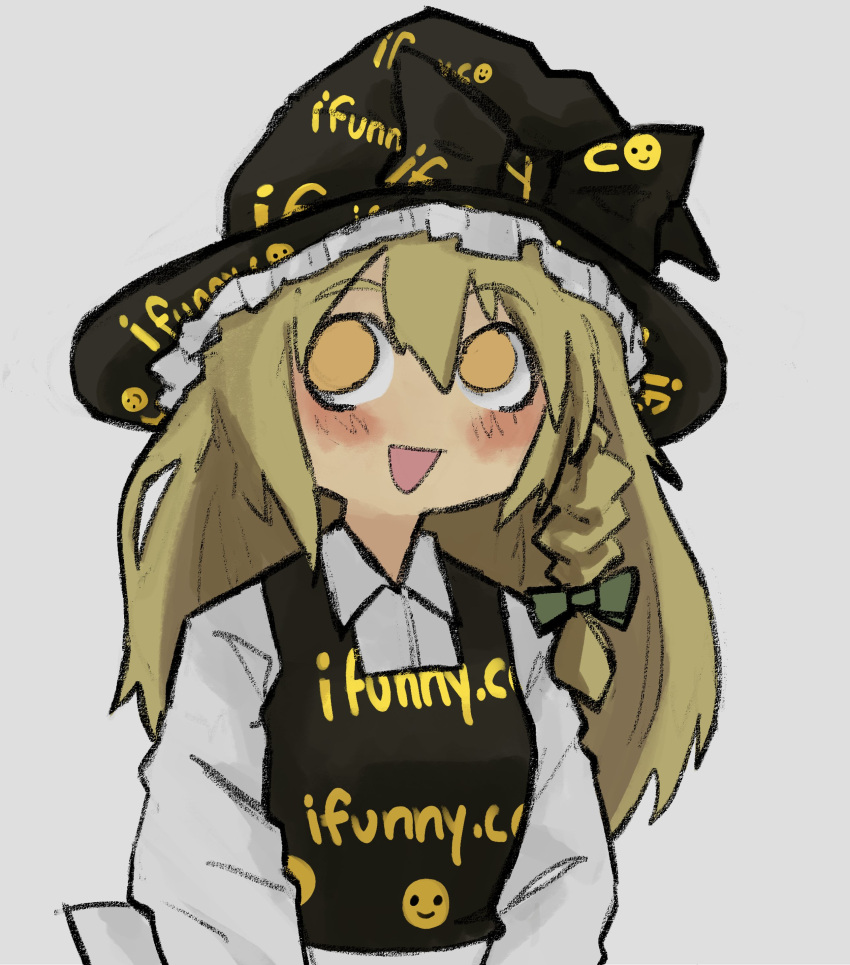 1girl absurdres black_bow black_hat black_vest blonde_hair blush bow braid collared_shirt commentary green_bow grey_background hair_between_eyes hair_bow hat hat_bow highres ifunny kirisame_marisa long_hair long_sleeves open_mouth shirt sidelocks simple_background single_braid smile solo squidmiku touhou upper_body vest white_shirt yellow_eyes