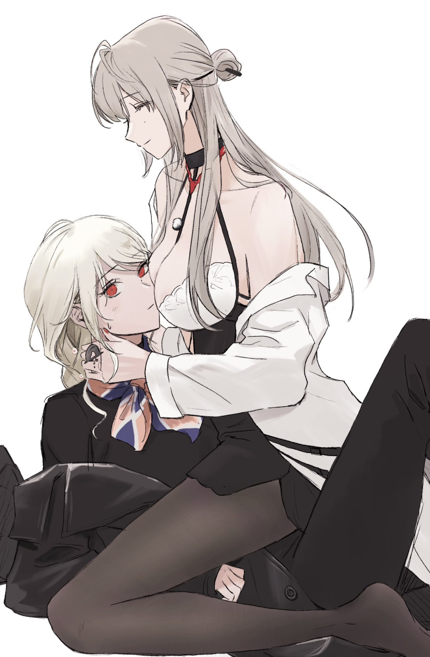 2girls bare_shoulders black_choker black_pants black_pantyhose black_shirt blonde_hair blush breast_press breasts character_request choker cleavage closed_eyes closed_mouth commentary_request earrings eleven_(path_to_nowhere) grey_hair hand_on_another's_neck highres jacket jewelry korean_commentary large_breasts long_hair looking_at_viewer mole mole_under_eye multiple_girls off_shoulder pants pantyhose path_to_nowhere red_eyes red_nails shirt simple_background smile sweatdrop trshtong white_background white_jacket yuri