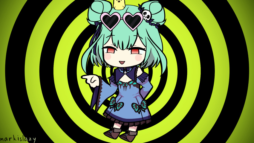 1girl akatsuki_records animal_print arm_behind_back bird black_background blue_dress blue_sleeves bow butterfly_print chibi chick commentary detached_collar detached_sleeves double_bun dress dress_bow english_commentary eyewear_on_head flat_chest frilled_dress frills full_body green_bow green_hair hair_bun hair_ornament hair_ribbon heart heart-shaped_eyewear highres hololive juliet_sleeves long_sleeves markislazy medium_bangs medium_hair necromantic open_mouth orange_eyes pink-framed_eyewear piyoko_(uruha_rushia) puffy_sleeves red_eyes ribbon skull_hair_ornament smile smug solo strapless strapless_dress sunglasses two-tone_background uruha_rushia uruha_rushia_(1st_costume) virtual_youtuber wide_sleeves