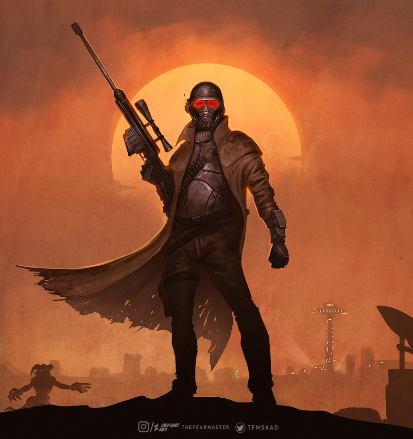 1boy anti-materiel_rifle bandolier bolt_action boots cityscape clenched_hand deathclaw denim duster fallout_(series) fallout_new_vegas gas_mask gun helmet highres jeans looking_at_viewer mask ncr_veteran_ranger pants pgm_hecate_ii red_sky rifle scope sky sniper_rifle solo sun thefearmaster torn_clothes trigger_discipline weapon