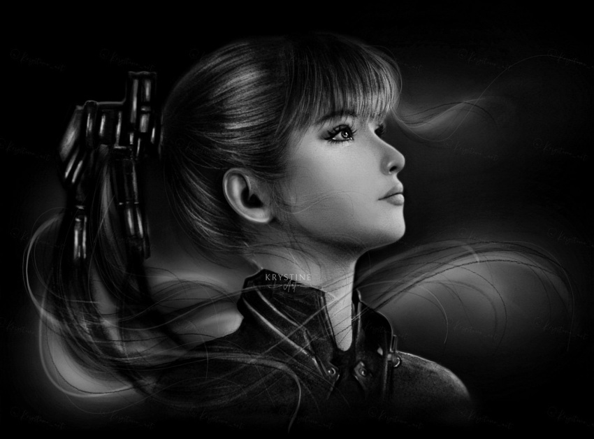 1girl collared_jacket english_commentary eve_(stellar_blade) jacket krystine_art lips long_hair looking_ahead monochrome photorealistic ponytail realistic signature simple_background solo stellar_blade upper_body