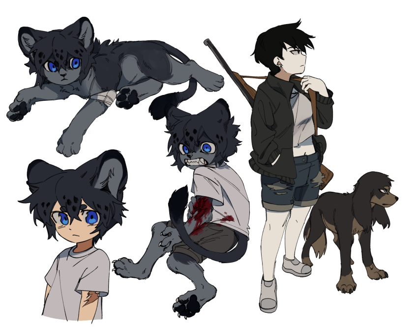 1boy 1girl animal animal_ears black_eyes black_fur black_hair black_jacket blood blood_on_arm blood_on_clothes blue_eyes body_fur brown_dog child claws clenched_teeth closed_mouth cub deviidog0 dog english_commentary full_body fur-tipped_tail furry furry_male grey_fur grey_shirt gun hand_in_pocket hand_up highres injury jacket lion lion_boy lion_cub lion_ears lion_tail long_sleeves looking_at_viewer looking_to_the_side original rifle scar scar_on_arm shirt short_eyebrows short_hair short_sleeves shorts simple_background standing t-shirt tail teeth torn_clothes torn_shorts weapon white_background