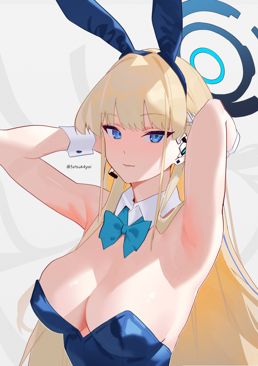 1girl absurdres animal_ears aqua_bow armpits arms_behind_head arms_up bare_arms bare_shoulders blonde_hair blue_archive blue_bow blue_eyes blue_halo blue_leotard bow bowtie braid breasts cleavage earpiece earrings eyelashes fake_animal_ears futsukayoi halo highres jewelry large_breasts leotard light_blush long_hair looking_at_viewer mechanical_halo microphone multicolored_hair playboy_bunny rabbit_ears sailor_collar simple_background solo streaked_hair stud_earrings toki_(blue_archive) toki_(bunny)_(blue_archive) very_long_hair white_wrist_cuffs wrist_cuffs