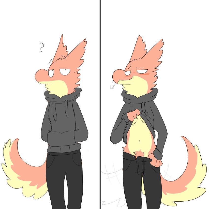 1:1 anthro aquest blush bottomwear bottomwear_pull breasts breath chest_tuft clothed clothing clothing_lift clothing_pull comic crotch_tuft dragon embarrassed exposed_belly female fluffy fluffy_tail flustered fur furred_dragon furred_scalie hand_in_pocket handpaw hi_res hoodie jogging_outfit jogging_pants looking_aside looking_at_viewer looking_away multicolored_body multicolored_fur mythological_creature mythological_scalie mythology navel neck_tuft no_underwear orange_body orange_fur pants pants_pull paws pockets presenting presenting_belly pubes question_mark scalie shirt shirt_lift shy simple_background smile solo standing tail tail_motion tailwag topwear tuft two_tone_body two_tone_fur under_boob white_background yellow_body yellow_fur