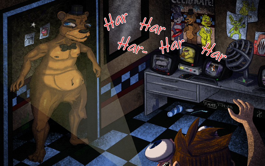 absurd_res anthro avian bear bird bonnie_(fnaf) bow_tie brown_bear bulging_eyes camera_view chica_(fnaf) chicken clothing colored computer_mouse container crying_child_(fnaf) cup cupcake cupcake_(fnaf) desk digital_media_(artwork) drawings duo electronics fiteme_m8 five_nights_at_freddy's five_nights_at_freddy's_3 five_nights_at_freddy's_world floor food foxy_(fnaf) freddy_(fnaf) furniture galliform gallus_(genus) gesture hand_gesture hat headgear headwear helpy_(fnaf) hi_res horror_(theme) human humor keyboard lagomorph leporid lolbit_(fnaf) male male/male mammal michael_afton middle_finger nipples nude phasianid poster rabbit scared scottgames screaming security security_guard sharp_teeth signature speech_bubble spilled_drink springtrap_(fnaf) stain table teeth television text tile tile_floor top_hat ursine