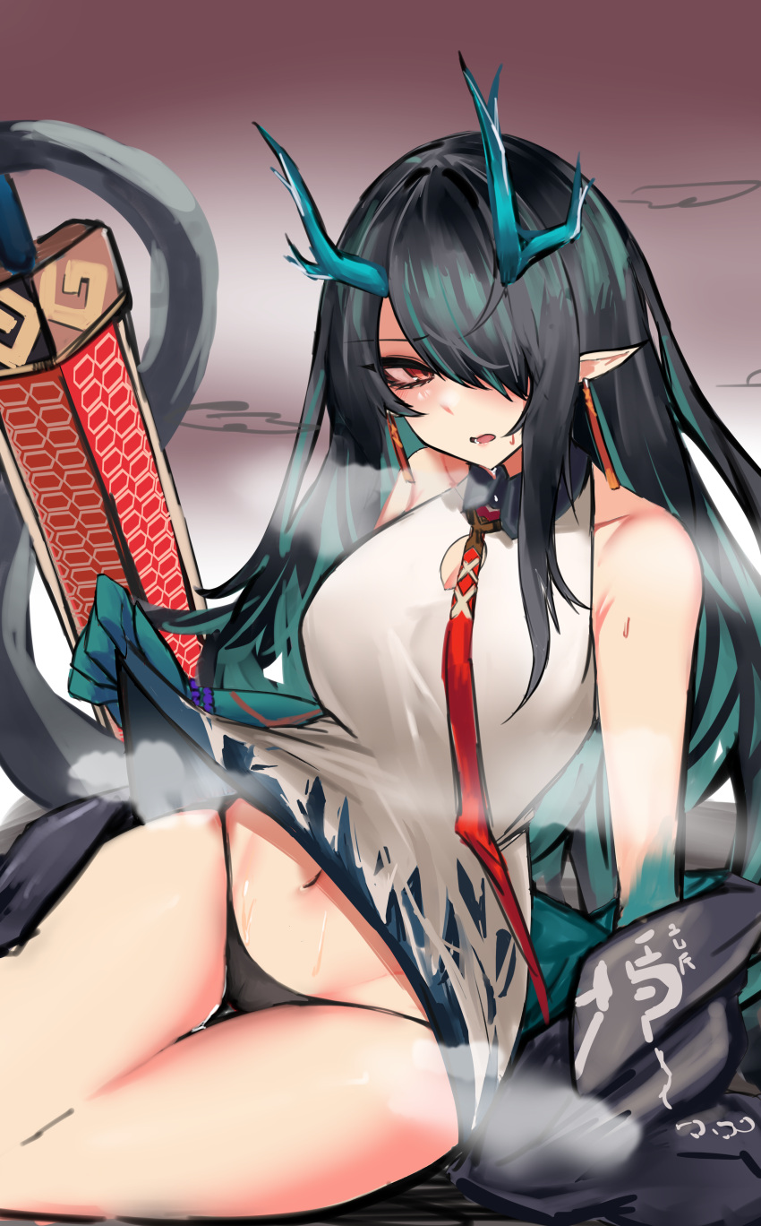 1girl absurdres aqua_horns aqua_skin arknights black_hair black_panties breasts colored_skin commentary_request dragon_girl dragon_horns dragon_tail dress dusk_(arknights) heavy_breathing highres horns large_breasts long_hair looking_at_viewer mitarashi_renge navel open_mouth panties pointy_ears red_eyes sitting skirt_hold solo tail underwear white_dress yokozuwari