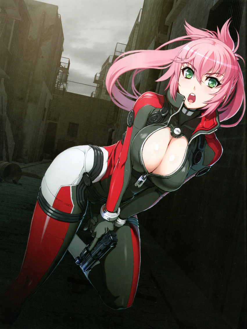 1girl :o absurdres amanda_werner blassreiter bodysuit breasts cleavage green_eyes gun handgun highres large_breasts long_hair nishii_(nitroplus) open_mouth pink_hair pistol ponytail running scan solo weapon zipper