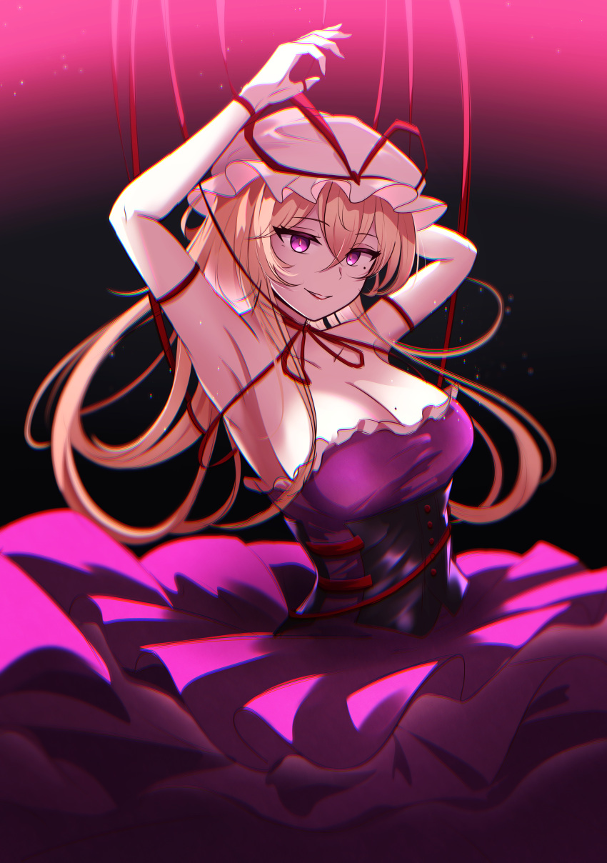 1girl absurdres armpits blonde_hair breasts choker cleavage commentary_request dress hat hat_ribbon highres large_breasts long_hair looking_at_viewer mob_cap mole mole_on_breast mole_under_eye purple_dress purple_eyes red_ribbon ribbon ribbon_choker rinkaito1231 smile solo strapless strapless_dress touhou yakumo_yukari