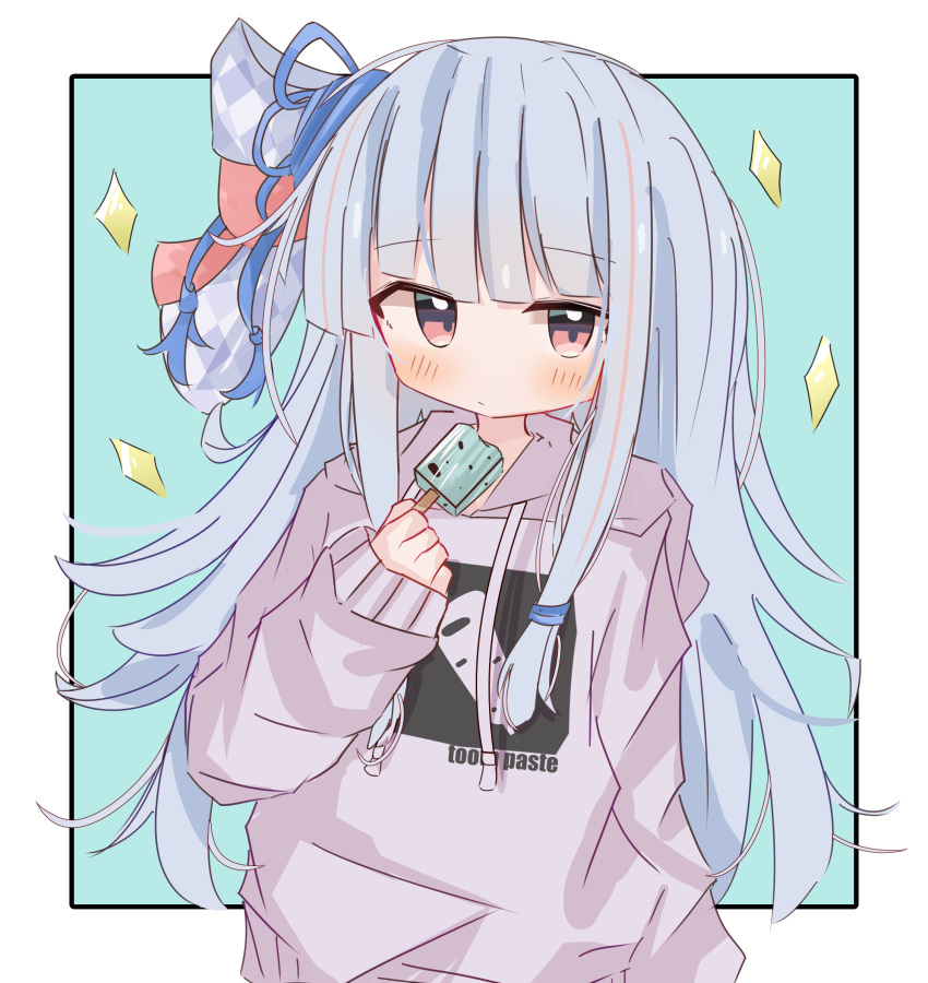 1girl blue_background blue_hair blush border bow closed_mouth cowboy_shot diamond_(shape) dot_mouth food grey_hoodie hair_bow hand_up highres holding holding_food holding_ice_cream hood hood_down hoodie ice_cream ice_cream_bar ichiha_(ichi_u2) kotonoha_aoi long_bangs long_hair long_sleeves looking_at_viewer messy_hair one_side_up outside_border pink_eyes print_hoodie sidelocks simple_background solo voiceroid white_border