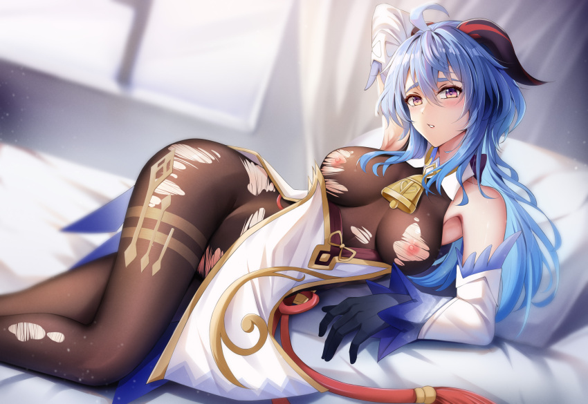 1girl ahoge bare_shoulders bed bed_sheet bedroom bell black_gloves blue_hair blush breasts detached_sleeves ganyu_(genshin_impact) genshin_impact gloves goat_horns highres horns indoors long_hair looking_at_viewer lying medium_breasts miss neck_bell nipples on_bed pillow sidelocks solo torn_clothes