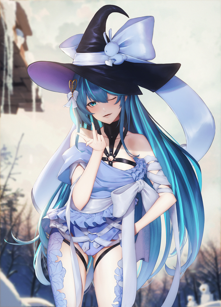 1girl blue_eyes blue_hair blurry blurry_background breasts chest_harness hair_between_eyes hair_ornament harness hat highres leaning_forward long_hair medium_breasts one_eye_closed open_mouth phantasy_star phantasy_star_online_2 phantasy_star_online_2_new_genesis solo witch_hat zeri_(zeristudio)