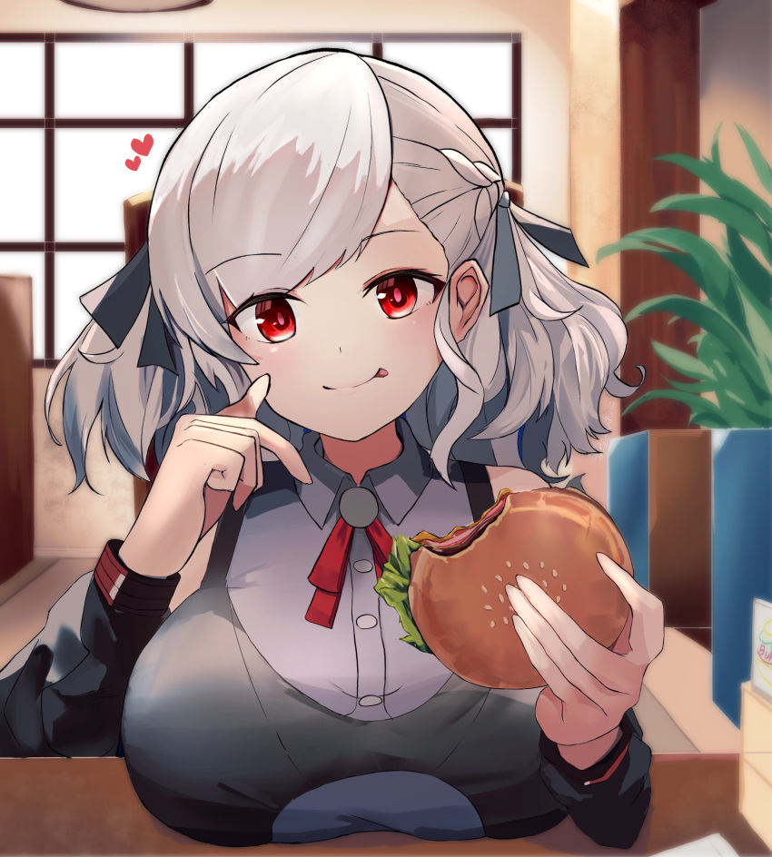 1girl bare_shoulders black_ribbon black_shirt blue_shirt braid breast_rest breasts breasts_on_table burger collared_shirt detached_sleeves food french_braid girls'_frontline greyscale hair_ribbon half_updo heart highres holding holding_burger holding_food indoors large_breasts long_hair looking_at_viewer monochrome red_eyes ribbon shirt sleeveless sleeveless_shirt snnm_hb solo spas-12_(girls'_frontline) swept_bangs table twintails wavy_mouth white_hair