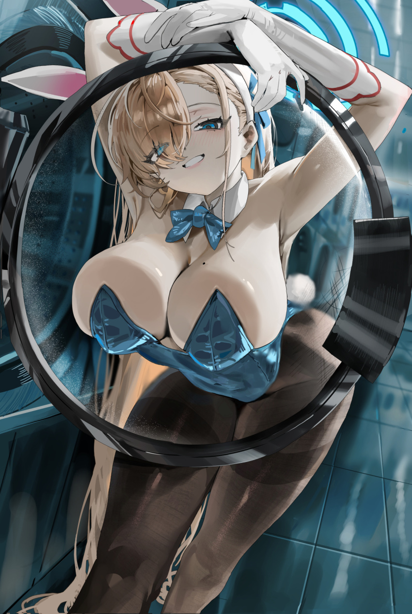 animal_ears asuna_(blue_archive) asuna_(bunny)_(blue_archive) asymmetrical_bangs blonde_hair blue_archive blue_eyes breasts breasts_squeezed_together halo highres large_breasts laundromat leotard long_hair mitsuki3s_kir mole mole_on_breast neck_ribbon pantyhose playboy_bunny rabbit_ears rabbit_tail ribbon tail washing_machine