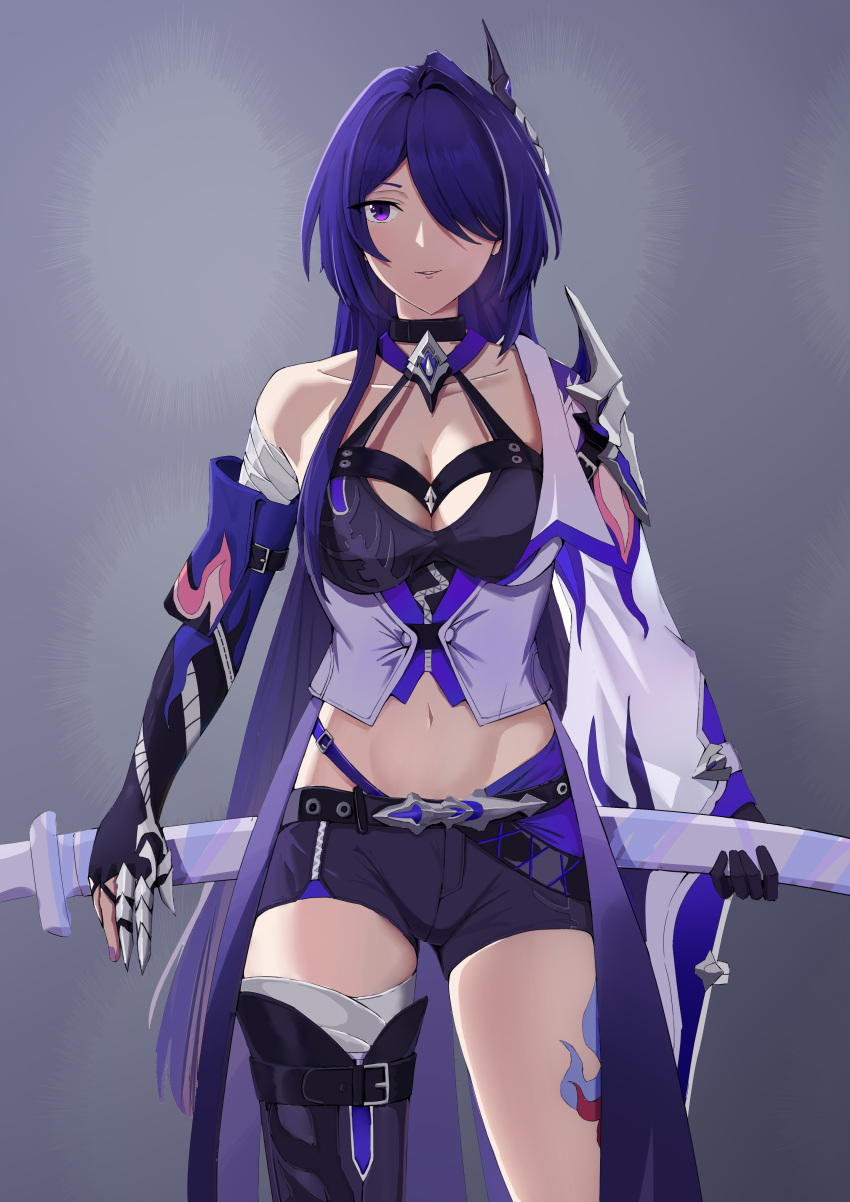 1girl absurdres acheron_(honkai:_star_rail) bandaged_arm bandaged_leg bandages belt black_belt black_choker black_gloves black_shorts breasts choker cleavage commentary cowboy_shot criss-cross_halter crop_top gloves grey_background groin hair_ornament hair_over_one_eye halterneck highres honkai:_star_rail honkai_(series) leg_tattoo long_hair looking_at_viewer midriff moxiaofeng navel parted_lips purple_eyes purple_hair short_shorts shorts single_bare_shoulder smile solo standing stomach tattoo thighs very_long_hair