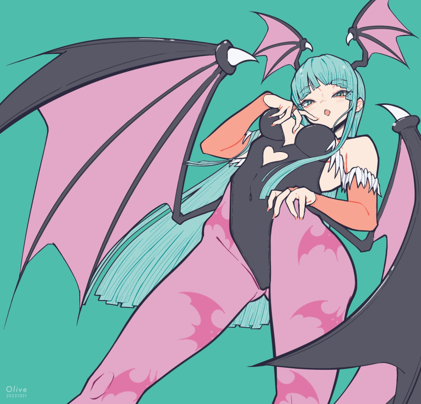 1girl animal_print bare_shoulders bat_print bat_wings breasts bridal_gauntlets capcom cleavage clothing_cutout demon_girl fur-trimmed_leotard fur_trim green_eyes green_hair head_wings heart_cutout highres leotard long_hair looking_at_viewer morrigan_aensland pantyhose print_pantyhose purple_pantyhose purple_wings solo tunacan_olive vampire_(game) wings