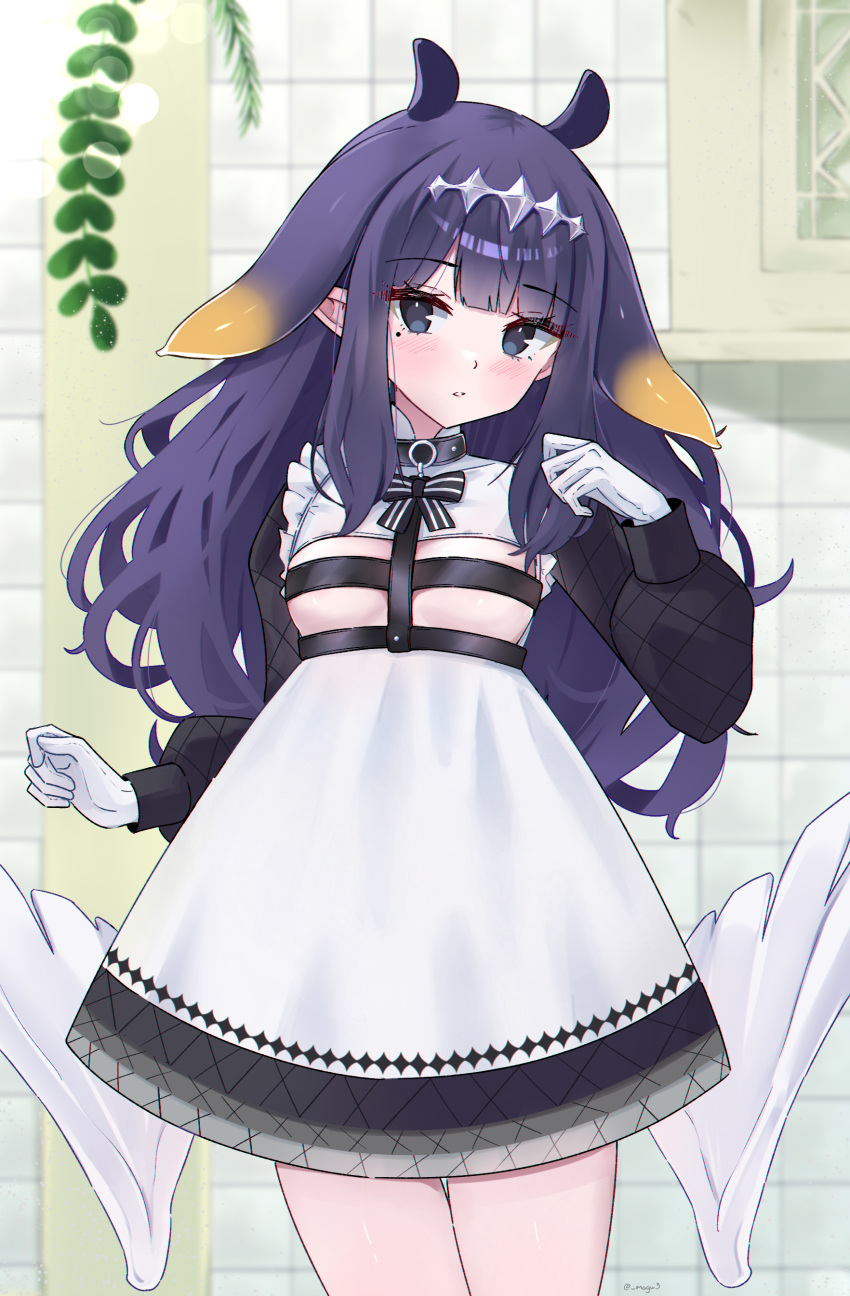 1girl absurdres apron black_dress blunt_bangs blush bow bowtie breastless_clothes breasts chest_harness clothing_cutout dress english_commentary feathered_wings fern gloves gradient_hair grey_eyes harness highres hololive hololive_english indoors kitchen long_hair long_sleeves low_wings magui3 mole mole_under_eye multicolored_hair ninomae_ina'nis ninomae_ina'nis_(6th_costume) official_alternate_costume orange_hair parted_lips pointy_ears purple_hair sidelocks small_breasts solo standing tentacle_hair tile_wall tiles virtual_youtuber white_apron white_gloves white_tiara wings