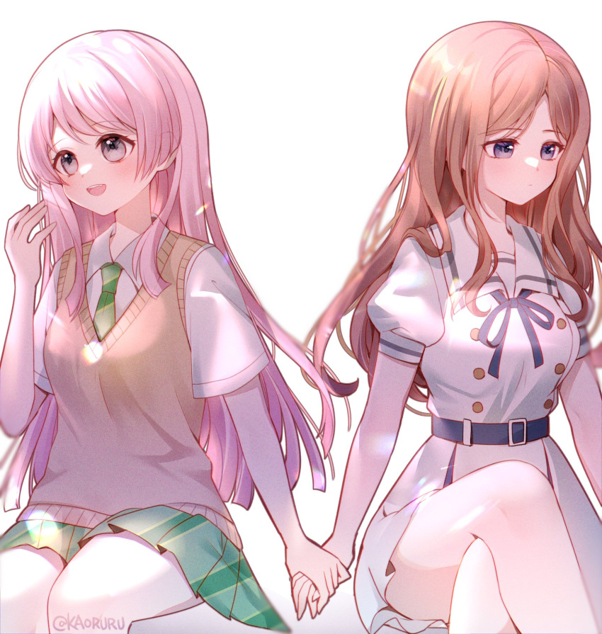 2girls bang_dream! bang_dream!_it's_mygo!!!!! belt blue_eyes blue_ribbon blush brown_hair brown_sweater_vest chihaya_anon chinese_commentary closed_mouth collared_shirt commentary_request crossed_legs dress fang green_skirt grey_eyes hand_up haneoka_school_uniform highres holding_hands kaoruru_(sakuno2911) long_hair multiple_girls nagasaki_soyo neck_ribbon open_mouth pink_hair pleated_skirt ribbon sailor_collar school_uniform shirt short_sleeves simple_background sitting skirt smile sweater_vest tsukinomori_school_uniform twitter_username white_background white_dress white_sailor_collar white_shirt yuri