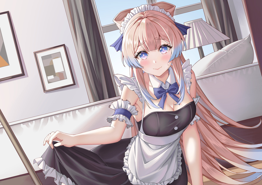 1girl absurdres alternate_costume apron arm_garter bare_shoulders black_dress blue_bow blue_bowtie blue_hair bow bowtie breasts cleavage commentary_request curtains detached_collar dress enmaided frilled_apron frills genshin_impact gradient_hair highres indoors long_hair looking_at_viewer maid maid_headdress medium_breasts multicolored_hair partial_commentary pink_hair purple_eyes ryouya_(ryoya) sangonomiya_kokomi smile solo strapless strapless_dress very_long_hair white_apron window