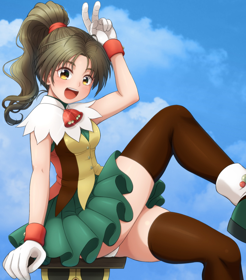 1girl :d bell black_thighhighs brown_hair capelet cloud gadget_(suikoden) gensou_suikoden gensou_suikoden_ii gloves green_skirt high_ponytail highres jougenmushi leg_lift long_hair looking_at_viewer meg_(suikoden) open_mouth panties ponytail shirt shoes sitting skirt sky sleeveless sleeveless_shirt smile thighhighs underwear white_capelet white_gloves white_panties yellow_eyes