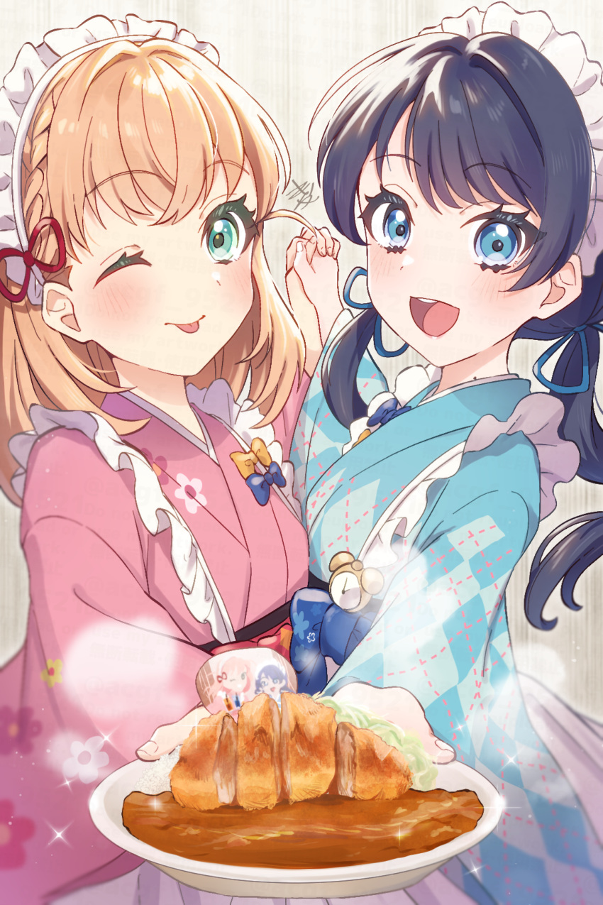 2girls :d ;p absurdres alarm_clock apron aqua_eyes argyle_clothes argyle_kimono blue_bow blue_eyes blue_hair blue_kimono blue_ribbon blush bow chicken_(food) clock closed_mouth commentary crossed_bangs curry curry_rice dark_blue_hair dress_bow floral_print_kimono food frilled_apron frills grey_background hair_ribbon highres hinoshita_kaho holding holding_hands holding_plate incoming_food interlocked_fingers japanese_clothes katsu_(food) katsu_curry kimono kyaku_tasu link!_like!_love_live! long_hair long_sleeves looking_at_viewer love_live! low_twintails maid maid_headdress medium_hair mole mole_on_neck multiple_girls murano_sayaka official_alternate_costume official_alternate_hairstyle one_eye_closed open_mouth orange_hair pink_kimono plate ribbon rice signature smile sparkle teeth tongue tongue_out twintails two_side_up upper_teeth_only virtual_youtuber wa_maid waist_apron white_headdress wide_sleeves yellow_bow