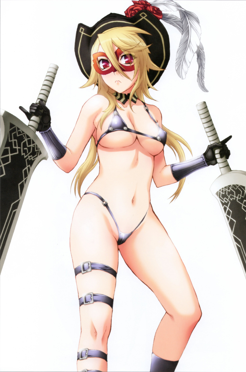 absurdres bikini blonde_hair breasts charles_d'artagnan cleavage glasses gloves highres hyakka_ryouran_samurai_girls large_breasts long_hair navel nishii_(nitroplus) red_eyes solo swimsuit sword thighs underboob weapon