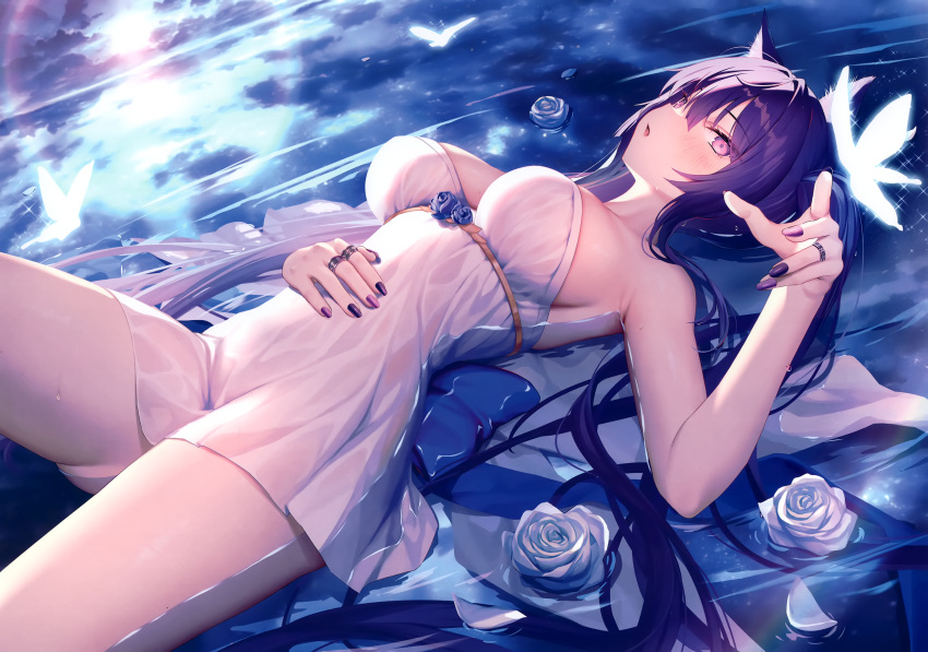 1girl animal_ears back_bow blush bow breasts bug butterfly cat_ears clothes_lift dress flower hair_between_eyes highres large_breasts looking_at_viewer lying mintoaisu nail_polish non-web_source on_back original parted_lips partially_submerged petals petals_on_liquid purple_eyes purple_hair rose rose_petals skirt skirt_lift solo thighs wet wet_clothes white_dress white_flower white_rose