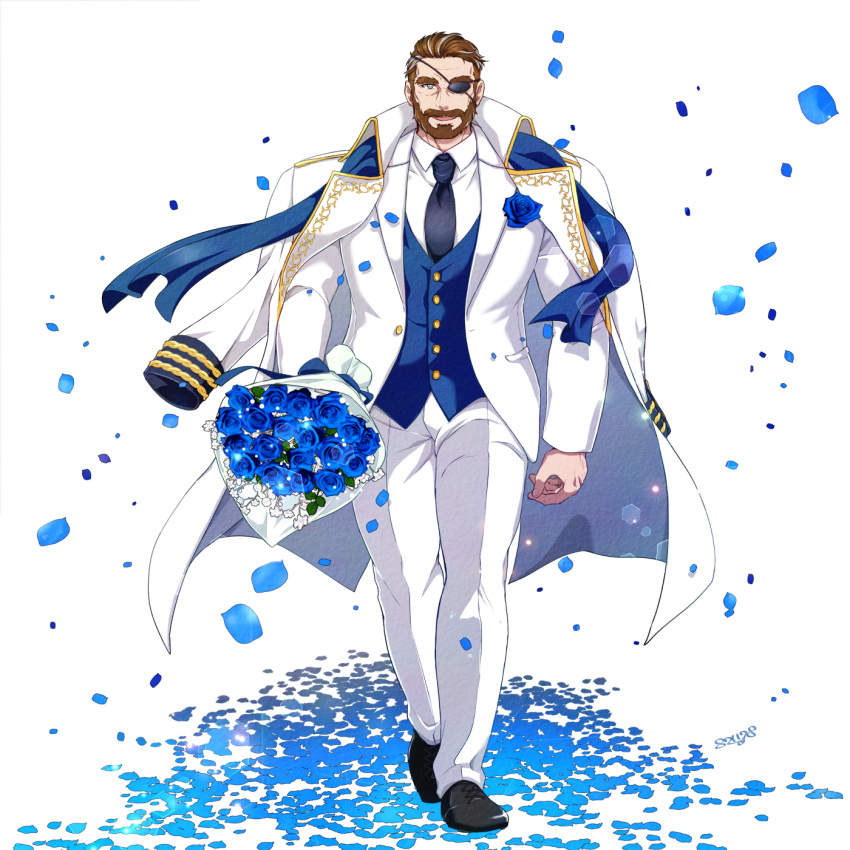 1boy another_eidos-r bara bart_(another_eidos) beard black_footwear black_necktie blue_flower blue_rose blue_scarf blue_vest bouquet boutonniere brown_hair coat coat_on_shoulders eyepatch facial_hair falling_petals flower full_beard gold_trim highres holding holding_bouquet jacket lapels male_focus mature_male military_coat multicolored_hair mustache necktie open_mouth petals petals_on_ground rose scarf simple_background solo streaked_hair thick_eyebrows vest walking white_background white_coat white_hair white_jacket yanai_inaya
