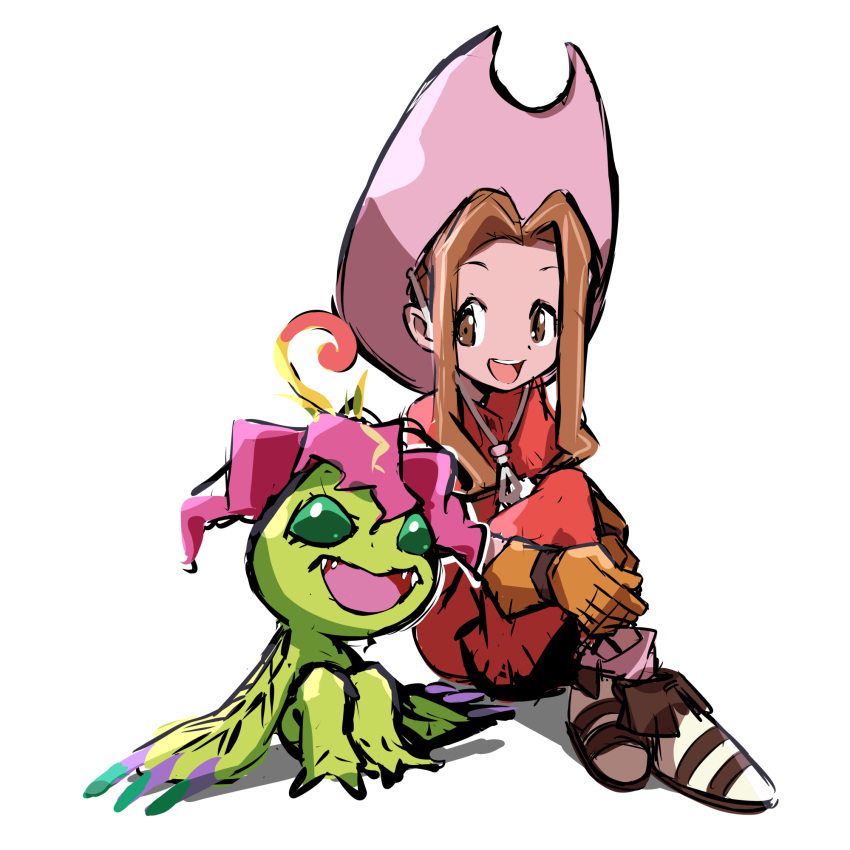 brown_eyes brown_hair digimon digimon_(creature) digimon_adventure flower highres long_hair monster_girl pakotaroh palmon petals plant_girl sharp_teeth tachikawa_mimi teeth