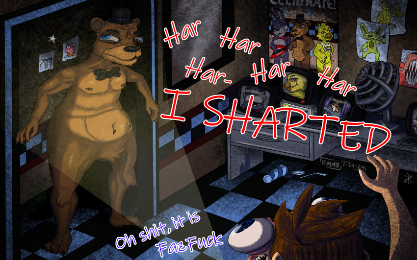 absurd_res anthro avian bear bird bonnie_(fnaf) bow_tie brown_bear bulging_eyes camera_view chica_(fnaf) chicken clothing colored computer_mouse container crying_child_(fnaf) cup cupcake cupcake_(fnaf) desk digital_media_(artwork) drawings duo electronics feddy_fazfuck_(fiteme_m8) fiteme_m8 five_nights_at_freddy's five_nights_at_freddy's_3 five_nights_at_freddy's_world floor food foxy_(fnaf) freddy_(fnaf) furniture galliform gallus_(genus) gesture hand_gesture hat headgear headwear helpy_(fnaf) hi_res horror_(theme) human humor keyboard lagomorph leporid lolbit_(fnaf) male male/male mammal michael_afton middle_finger nipples nude phasianid poster profanity rabbit scared scottgames screaming security security_guard sharp_teeth signature speech_bubble spilled_drink springtrap_(fnaf) stain table teeth television text tile tile_floor top_hat ursine