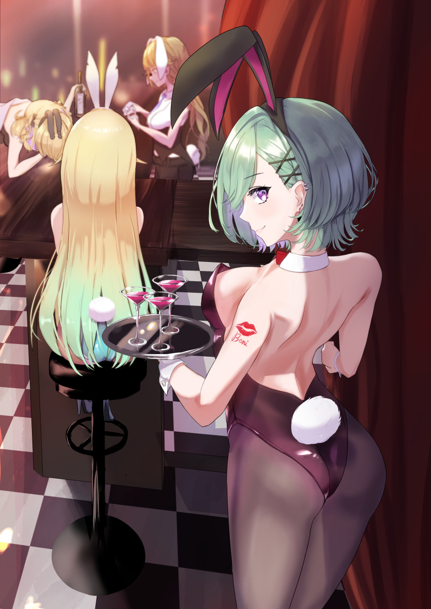 absurdres aizawa_ema animal_ears arm_tattoo ass back backless_outfit bar_(place) bare_back bare_shoulders black_headband black_leotard black_pantyhose blonde_hair bow bowtie breasts checkered_floor counter cup detached_collar drink drinking_glass ear_piercing green_hair hair_ornament headband highleg highleg_leotard highres holding holding_tray leotard light_smile long_hair looking_at_viewer looking_back medium_breasts multicolored_hair multiple_girls pantyhose piercing playboy_bunny purple_eyes qmiopx rabbit_ears rabbit_tail red_bow red_bowtie short_hair tail tattoo tray virtual_youtuber vspo! wrist_cuffs yakumo_beni