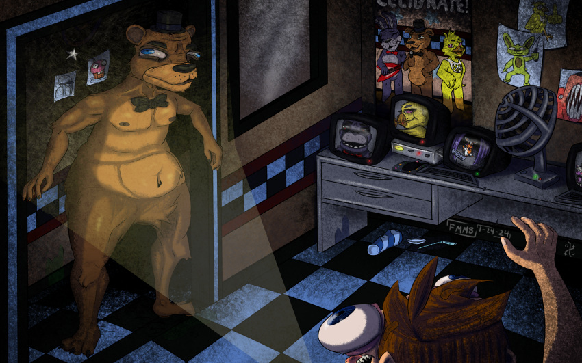 absurd_res anthro avian bear bird bonnie_(fnaf) bow_tie brown_bear bulging_eyes camera_view chica_(fnaf) chicken clothing colored computer_mouse container crying_child_(fnaf) cup cupcake cupcake_(fnaf) desk digital_media_(artwork) drawings duo electronics fiteme_m8 five_nights_at_freddy's five_nights_at_freddy's_3 five_nights_at_freddy's_world floor food foxy_(fnaf) freddy_(fnaf) furniture galliform gallus_(genus) gesture hand_gesture hat headgear headwear helpy_(fnaf) hi_res horror_(theme) human humor keyboard lagomorph leporid lolbit_(fnaf) male male/male mammal michael_afton middle_finger nipples nude phasianid poster rabbit scared scottgames screaming security security_guard sharp_teeth signature spilled_drink springtrap_(fnaf) stain table teeth television tile tile_floor top_hat ursine