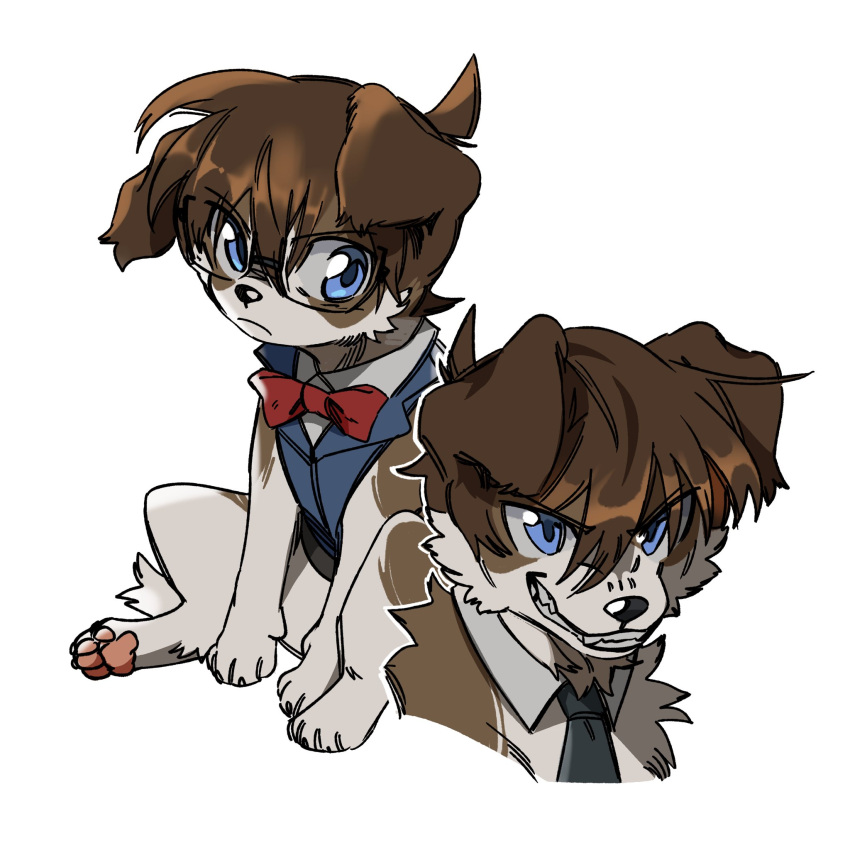 1boy animal animalization black_necktie blue_eyes blue_vest bow bowtie brown_dog brown_hair closed_mouth collared_vest detached_collar deviidog0 dog edogawa_conan english_commentary full_body glasses grin highres looking_at_viewer meitantei_conan multiple_views necktie no_humans puppy red_bow red_bowtie short_hair simple_background sitting smile vest white_background