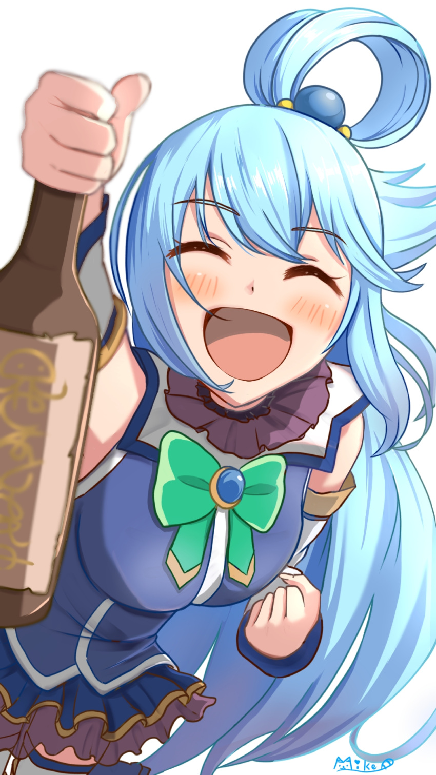 1girl aqua_(konosuba) bare_shoulders blue_eyes blue_footwear blue_hair blue_shirt blue_skirt blue_thighhighs blush boots bottle bow bowtie breasts closed_eyes detached_sleeves green_bow green_bowtie hair_between_eyes hair_ornament hair_rings highres holding holding_bottle kono_subarashii_sekai_ni_shukufuku_wo! long_hair looking_at_viewer mike81277424 open_mouth shirt simple_background single_hair_ring skirt smile smiley_face solo thigh_boots thighhighs very_long_hair watermark wine_bottle