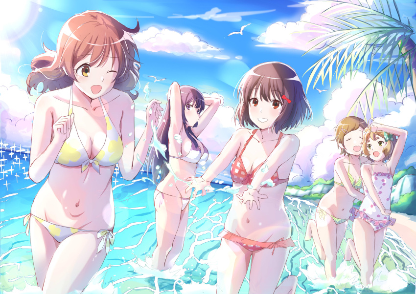 5girls absurdres beach bikini blonde_hair breasts brown_eyes brown_hair character_request closed_eyes day floral_print frilled_bikini frills front-tie_bikini_top front-tie_top hibike!_euphonium highres large_breasts long_hair looking_at_another multiple_girls navel ocean one-piece_swimsuit one_eye_closed outdoors partially_submerged plaid plaid_bikini polka_dot print_bikini purple_eyes purple_hair short_hair side-tie_bikini_bottom small_breasts smile splashing standing string_bikini swimsuit txbbxb white_bikini white_one-piece_swimsuit yellow_eyes