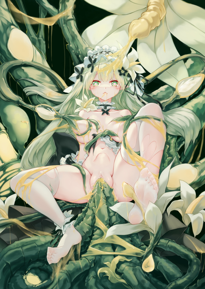 1girl absurdres breast_sucking breasts choker clitoris elf feet frilled_choker frilled_hairband frills green_eyes green_hair hairband heart heart-shaped_pupils highres large_breasts multiple_vaginal no_shoes original pointy_ears seelehan soles solo stomach_bulge symbol-shaped_pupils tentacle_pit tentacle_sex tentacles thighhighs toes torn_clothes torn_thighhighs vaginal white_thighhighs