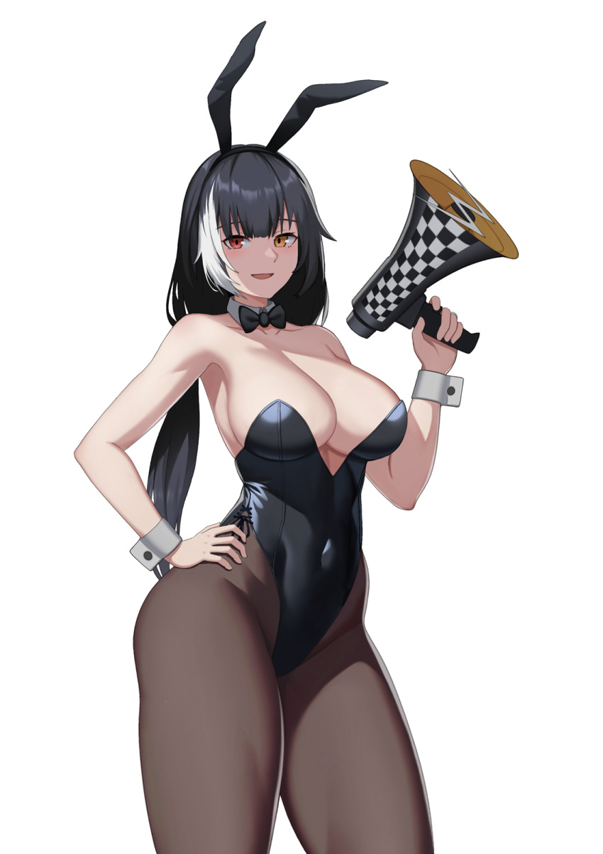 1girl alternate_costume animal_ears bare_shoulders black_bow black_bowtie black_hair black_leotard black_pantyhose blush bow bowtie breasts cero_(last2stage) cleavage collarbone commentary commission covered_navel cowboy_shot detached_collar english_commentary fake_animal_ears girls'_frontline hand_on_own_hip heterochromia highleg highleg_leotard highres holding large_breasts leotard long_hair multicolored_hair pantyhose parted_lips playboy_bunny rabbit_ears red_eyes ro635_(girls'_frontline) simple_background smile solo streaked_hair thighs white_background white_hair wrist_cuffs yellow_eyes