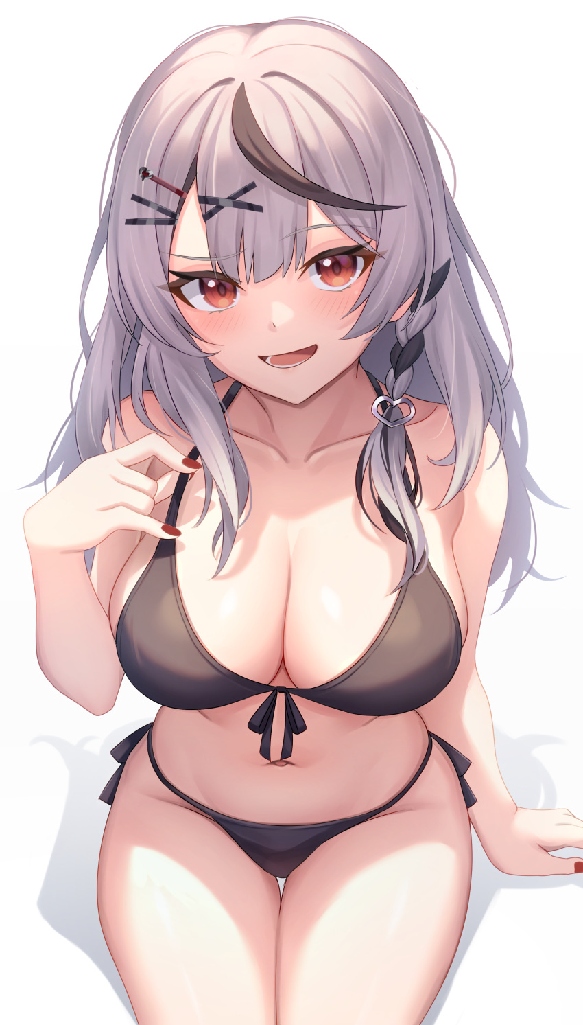 1girl :d absurdres alternate_costume aoi_zerii bikini black_bikini black_hair braid breasts center-flap_bangs cleavage collar commentary double-parted_bangs front-tie_bikini_top front-tie_top grey_hair hair_ornament hairclip halterneck hand_up heart heart_hair_ornament highres hololive knees_out_of_frame large_breasts legs_together long_hair looking_at_viewer multicolored_hair navel red_eyes red_nails sakamata_chloe side_braid simple_background single_braid sitting smile solo streaked_hair string_bikini swimsuit virtual_youtuber white_background x_hair_ornament